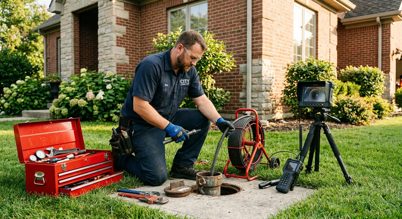 Sewer specialist with camera equipment servicing a cleanout in Rutland