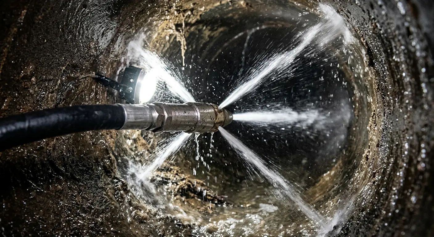 High-pressure hydro jetting nozzle cleaning sewer pipe for Trenchless Sewer Repair in Rutland